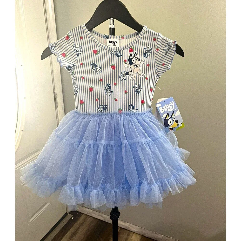 Bluey Girls 3T Fit & Flare Dress Flutter Sleeve Striped Tulle Knee